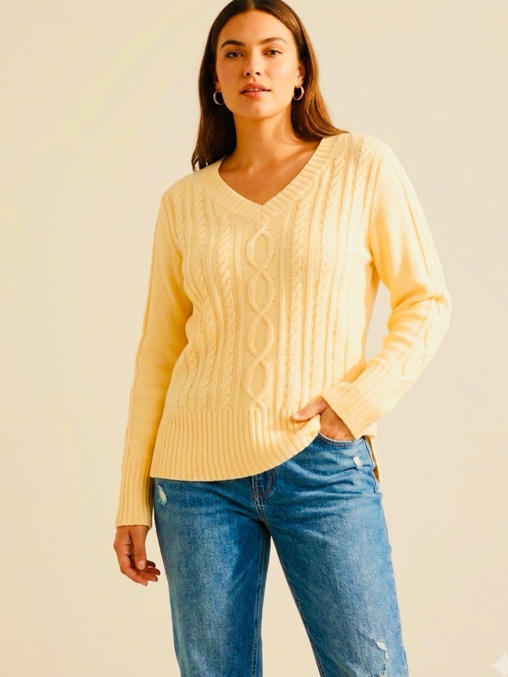 Sonoma V-Neck Cable Knit Sweater Colour Warm Yellow size Large Soft
